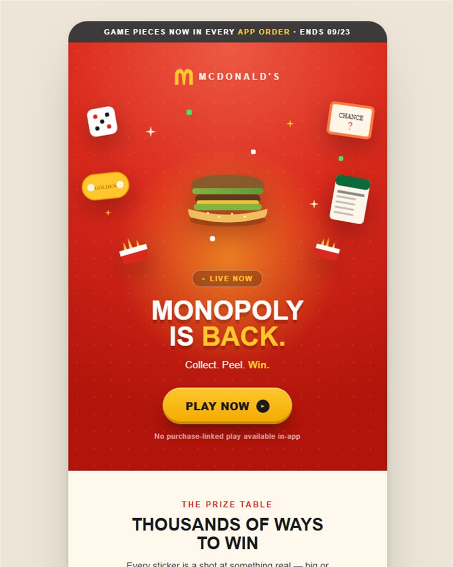 McDonald's Monopoly promotional email design