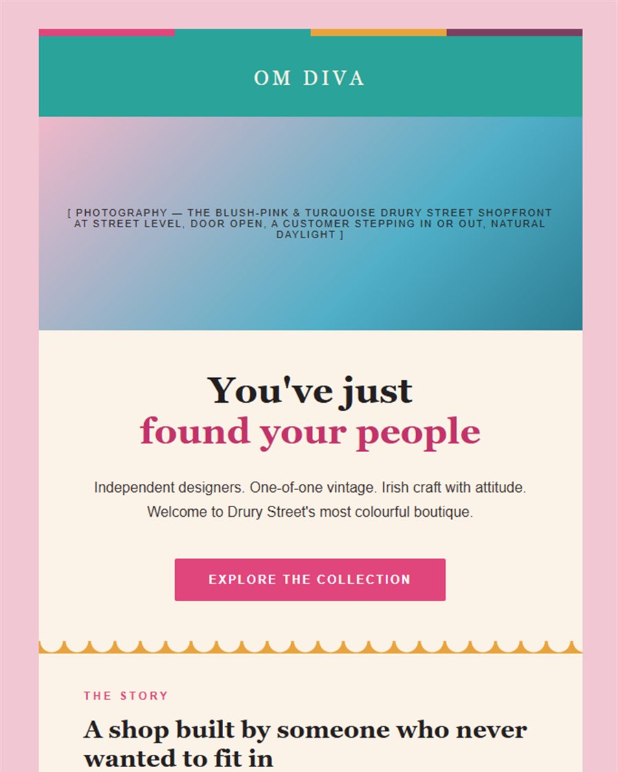 Om Diva welcome email concept, Dublin boutique