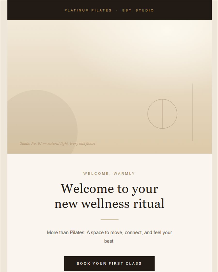 Platinum Pilates welcome email design, boutique studio