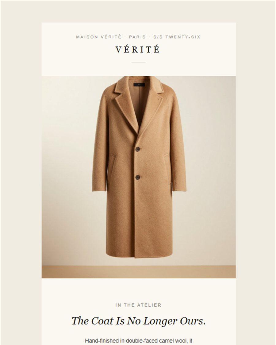 Vérité post-purchase email design, luxury coat brand