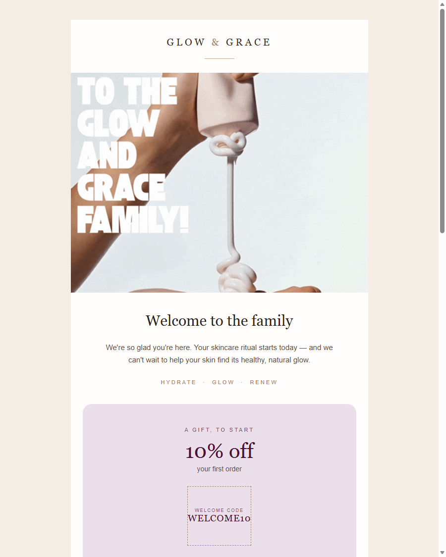 Glow & Grace welcome email design, sample skincare brand